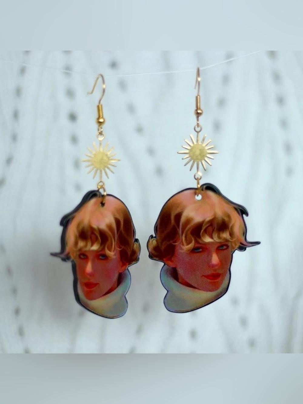 Gold Sun Drop Earrings with Taylor Swift Portrait Charm Folklore album jewelry